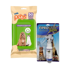 KIT Agronotas Antipulgas Spray Insecticida Fiprostar por 60 ml + Toallitas Húmedas Petys para Mascotas x 50 Unds